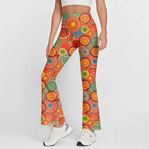 Women High Waist Flare Pants Geometric Printed Slim Fit Yoga Sports Long Trousers Casual Elastic Stretch Bottoms