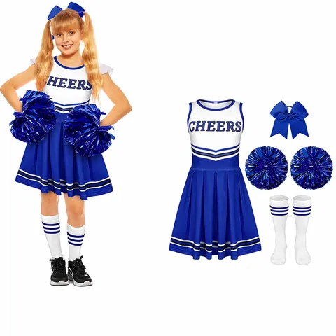 Kinder Cheerleader Uniform Mädchen Sport Performance Kleid Ärmellos Buchstabenprint Blaues Kostüm