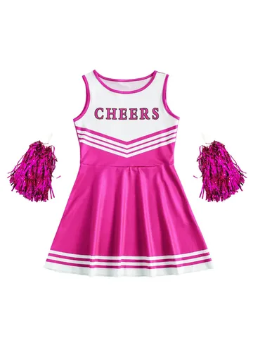 Mädchen Cheerleading Kostüm Uniform Outfit Ärmelloses Kleid Mit Pompoms Kinder Schulsport Wettbewerb Tanzbekleidung