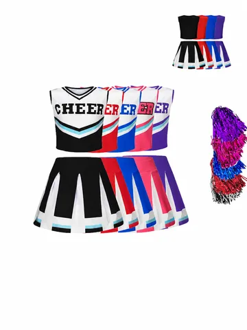 Kinder Mädchen Cheerleader Uniform V-Ausschnitt Crop Top Plisseerock Pompoms Bühnenauftritt Oberteil und Unterteil Set