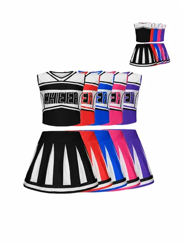 Mädchen Cheerleader Kostüm Uniform Ärmellos V-Ausschnitt Crop Top Mit Plissee-Rock Und Pompons Kinder Tanz Party Bühnenoutfit