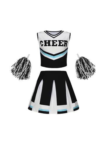 Kinder Mädchen Cheerleader Uniform V-Ausschnitt Crop Top Plisseerock Pompoms Bühnenauftritt Oberteil und Unterteil Set