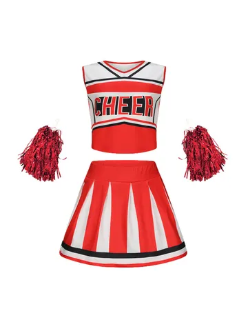 Mädchen Cheerleader Kostüm Uniform Ärmellos V-Ausschnitt Crop Top Mit Plissee-Rock Und Pompons Kinder Tanz Party Bühnenoutfit