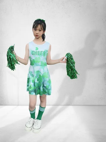 Mädchen Cheerleader Uniform Ärmelloses Kleid Grünes Kleeblatt Gedruckt Sportlich Performance Outfit Team Kostüm
