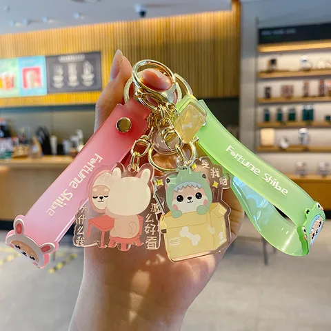 Fortune Shibe Acryl Schlüsselanhänger Cartoon Hund Hase Taschenanhänger Mode Silikonband Schlüsselanhänger Geschenk Für Damen Mädchen