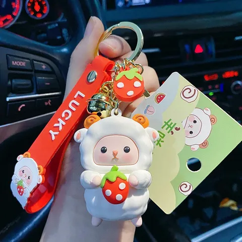 Süßer Cartoon Epoxidharz PVC Schaf Schlüsselanhänger Kreative Frucht Lamm Tier Puppe Anhänger Lucky Band Tasche Charm Metall Schlüsselring