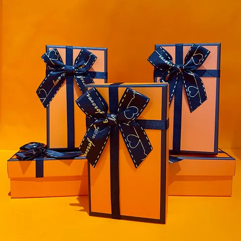Luxus Orange Geschenkbox Mit Dunkelblauem Schleifenband Hochwertige Kreative Papierschachtel Für Geburtstag Party Lippenstift Schmuck Aufbewahrung