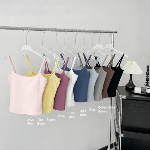 Women Ribbed Cotton Cami Tank Top With Built-In Chest Pad Sleeveless Flat Neck Basic Base Layer Slim Fit Knit Undershirt