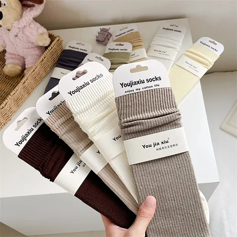 Women's Fall Winter Solid Color Ribbed Cotton Crew Socks Casual Comfortable Daily Wear Lady Stockings Hosiery