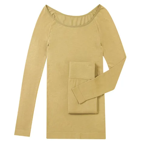 Conjunto de Ropa Interior Térmica para Mujer Acrílico Top y Pantalón de Manga Larga Color Sólido Ajustado Capa Base Cálida