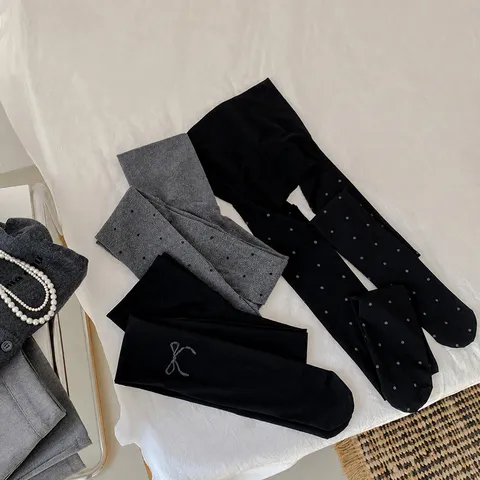 Women 80D Seamless Pantyhose Polka Dot Bow Jacquard Tights Elastic Slimming Leggings For Autumn Winter Daily Wear