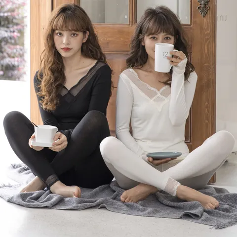 Women Thermal Underwear Top Deep V Neck Lace Patchwork Long Sleeve Acrylic Blend Slim Fit Warm Base Layer Apparel