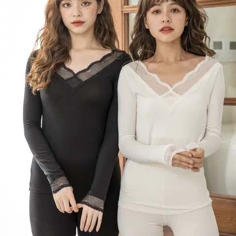Women Thermal Underwear Top Deep V Neck Lace Patchwork Long Sleeve Acrylic Blend Slim Fit Warm Base Layer Apparel