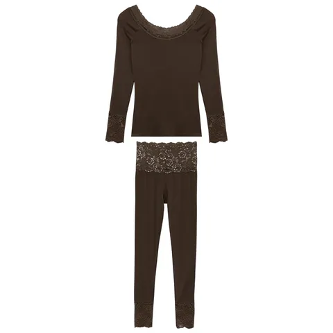 Women's Thermal Underwear Set Slim Fit Long Sleeve Top Pants Lace Splicing Winter Base Layer Thermal Outfit