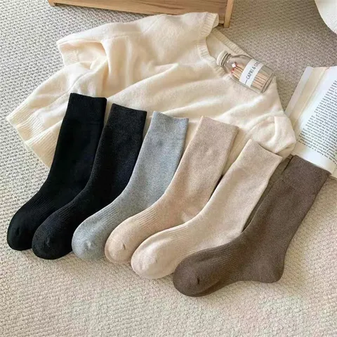 Calcetines Térmicos de Forro Polar Grueso de Invierno para Mujer Calcetines de Suelo de Tubo Medio de Color Sólido Mezcla de Lana Casual
