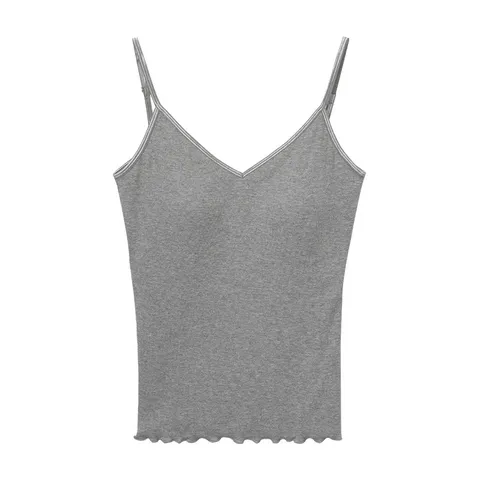 Women's V Neck Ribbed Ruffle Trim Open Back Cami Tank Top With Chest Pad Summer Casual Slim Fit Basic Vest