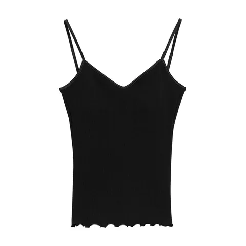 Women's V Neck Ribbed Ruffle Trim Open Back Cami Tank Top With Chest Pad Summer Casual Slim Fit Basic Vest