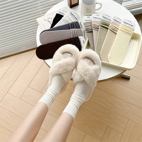 Women's Fall Winter Solid Color Ribbed Cotton Crew Socks Casual Comfortable Daily Wear Lady Stockings Hosiery