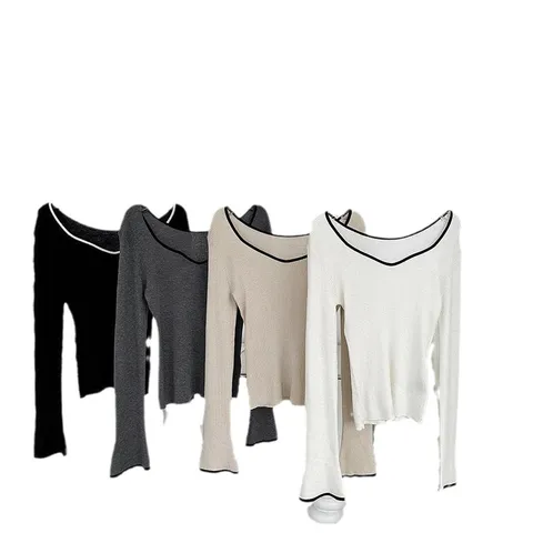 Women Autumn Winter Silk Cashmere Blend Long Sleeve T-Shirt Minimalist Color Block Scoop Gull Neck Slim Fit Base Layer