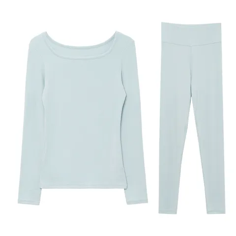 Women Thermal Underwear Square Neck Long Sleeve Top Bottom Wool Blend Thermal Set Winter Base Layer