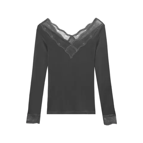 Women Thermal Underwear V-Neck Lace Tops And Bottoms Set Soft Acrylic Long Sleeve Warm Thermal Base Layer