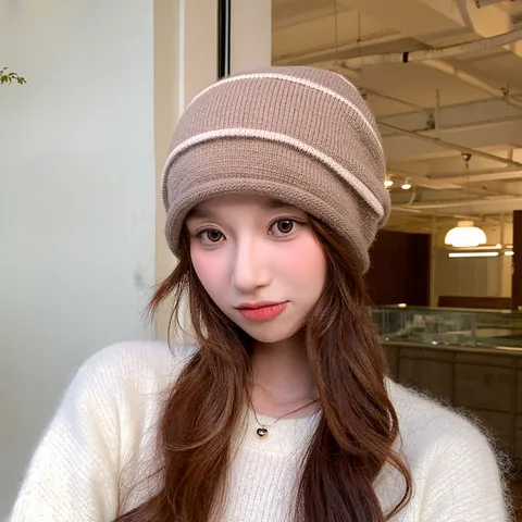 Mujeres Invierno Cálido Gorro De Punto Estilo Coreano Casual A Rayas Suave Pullover Gorro Tejido Para Exterior Diario