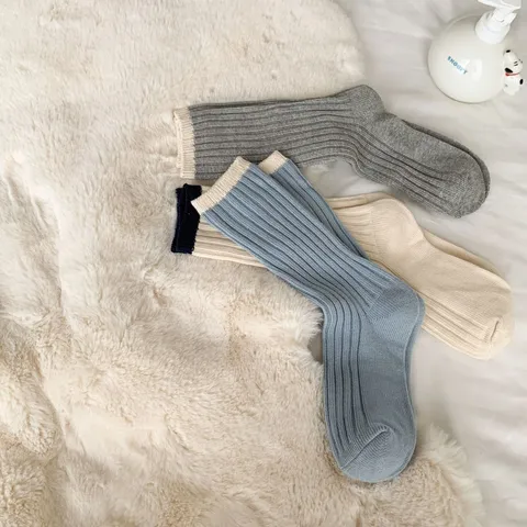 Γυναικείο Casual Crew Socks από Βαμβάκι Ιαπωνικό Στυλ Χρωματικό Μπλοκ Ζεστό Μακρύ Κάλτσες Χειμώνας