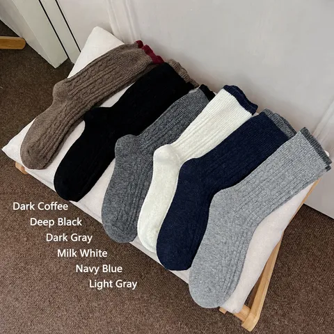 Women Autumn Winter Wool Blend Mid-Tube Socks Contrast Lace Trim Cable Knit Casual Daily Warm Hosiery Free Size