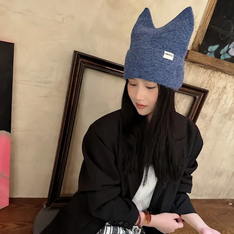 Mujeres Invierno Cálido Tejer Gorro Sombrero Lindo Oreja de Gato Holgado Color Sólido Elegante Casual Gorro de Lana Para Clima Frío
