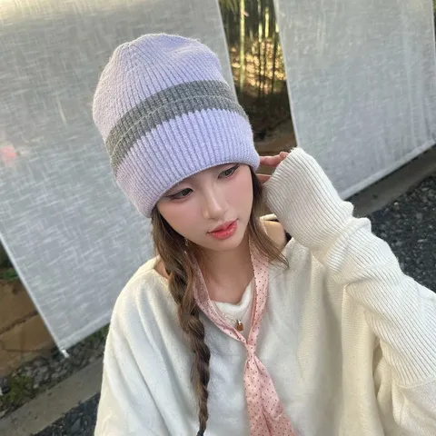 Gorro de Punto Cálido de Invierno para Mujer Engrosado Casual A Rayas Gorro Antiviento Protección para los Oídos