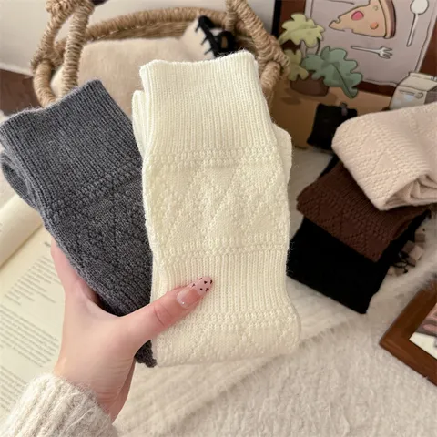 Calcetines de Pantorrilla de Cachemira Gruesos para Mujer Invierno Cálido Patrón de Rombos Tejidos Tubo Largo Medias de Moda