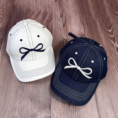 Casquette de Baseball en Denim Femme Homme Style Coréen Broderie Nœud Réglable Protection Solaire Chapeau Extérieur Casual
