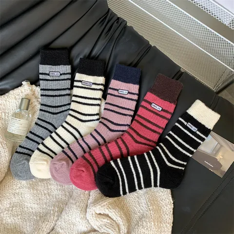 Women Winter Thickened Warm Mid Tube Socks Striped Faux Wool Jacquard Embroidery Stacking Socks Casual Fashion Hosiery