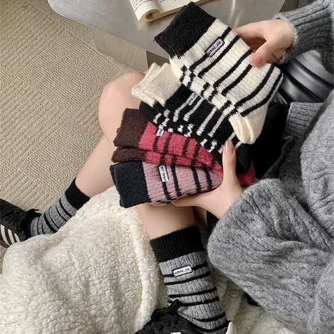 Women Winter Thickened Warm Mid Tube Socks Striped Faux Wool Jacquard Embroidery Stacking Socks Casual Fashion Hosiery