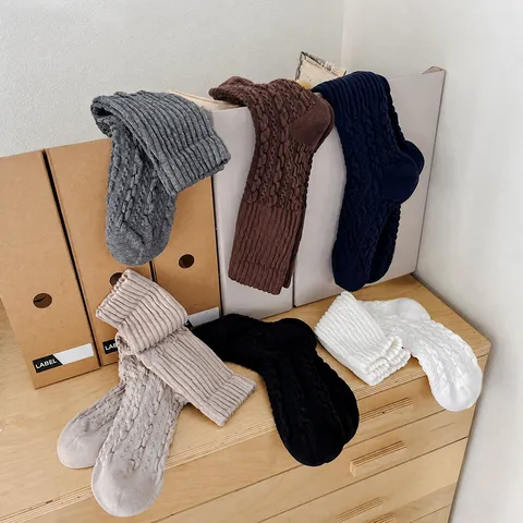 Calze al Polpaccio Spesse in Cotone da Donna Inverno Tinta Unita Maglia a Trecce Costine Casual Calde Lunghe Calze