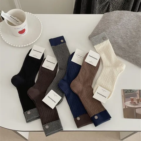 Γυναικείες Casual Βαμβακερές Κάλτσες Slouch Με Κουμπί Χρωματιστή Μανσέτα Πλεκτή Ριμπ Μεσαίου Ύψους Κάλτσες