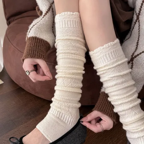 Women Winter Warm Wool Blend Slouch Socks Argyle Stirrup Leg Warmers Solid Color Casual Long Tube Boot Cuffs Fashion Hosiery