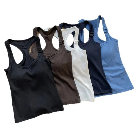 Women's Casual Viscose Blend Ribbed Tank Top Solid Color Sleeveless Basic Camisole With Button And Chest Pad
