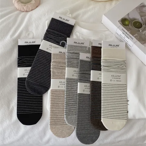 Women's Casual Cotton Mid-Calf Slouch Socks Fine Striped Japanese Style Basic Daily Wear Soft Breathable Hosiery