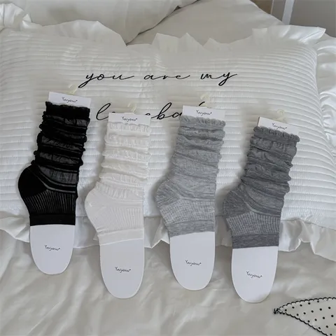 Women's Ballet Style Stirrup Slouch Socks Thin Breathable Ruffle Bubble Cuff Leg Warmers Spring Summer Casual Long Socks