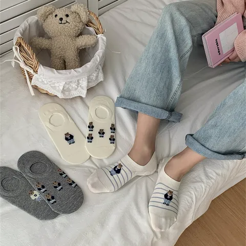 Women S Cute Cartoon Bear Embroidery Cotton Blend Invisible Boat Socks Spring Summer Low Cut Socks