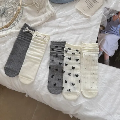 Women's Casual Cotton Mid-Tube Slouch Socks Sweet Bow And Polka Dot Breathable Mesh Spring Summer Fashion Socks