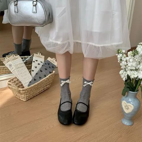 Women's Casual Cotton Mid-Tube Slouch Socks Sweet Bow And Polka Dot Breathable Mesh Spring Summer Fashion Socks