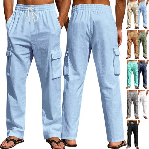 Pantalones Cargo Casuales de Lino para Hombre Ligeros Transpirables Color Sólido Pantalones Rectos Sueltos Con Bolsillos Múltiples Cordón