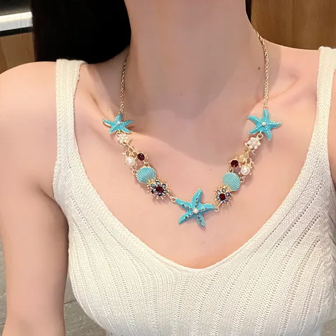 Hawaiian Style Colorful Starfish Shell Artificial Pearl Alloy Choker Necklace Vacation Fashion Jewelry