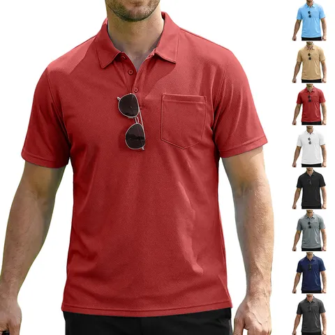 Men's Casual Solid Color Turn-down Collar Short Sleeve Pocket Polo Shirt Breathable Quick Dry Outdoor Tactical Polo Tee