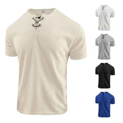 Haut À Lacets Manches Courtes Tricot Gaufre Pour Hommes Couleur Unie T-Shirt Ample Décontracté Respirant Léger Vêtement Streetwear