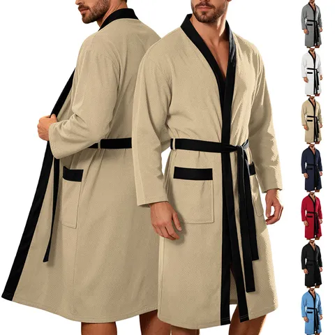 Heren Casual Polyester Contrastkraag Bademantel Eenvoudige Loungewear Lange Mouwen Nachtkleding Met Dubbele Zakken Knoopceintuur