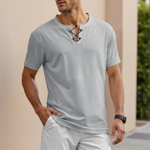 Haut À Lacets Manches Courtes Tricot Gaufre Pour Hommes Couleur Unie T-Shirt Ample Décontracté Respirant Léger Vêtement Streetwear