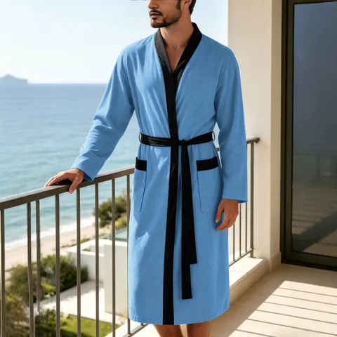 Heren Casual Polyester Contrastkraag Bademantel Eenvoudige Loungewear Lange Mouwen Nachtkleding Met Dubbele Zakken Knoopceintuur